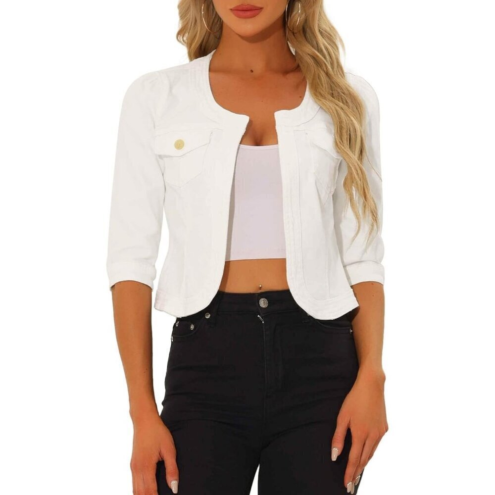 Women's Jean Jacket Slim Fit Casual Denim Jacket 3/4 Sleeves Outwear White